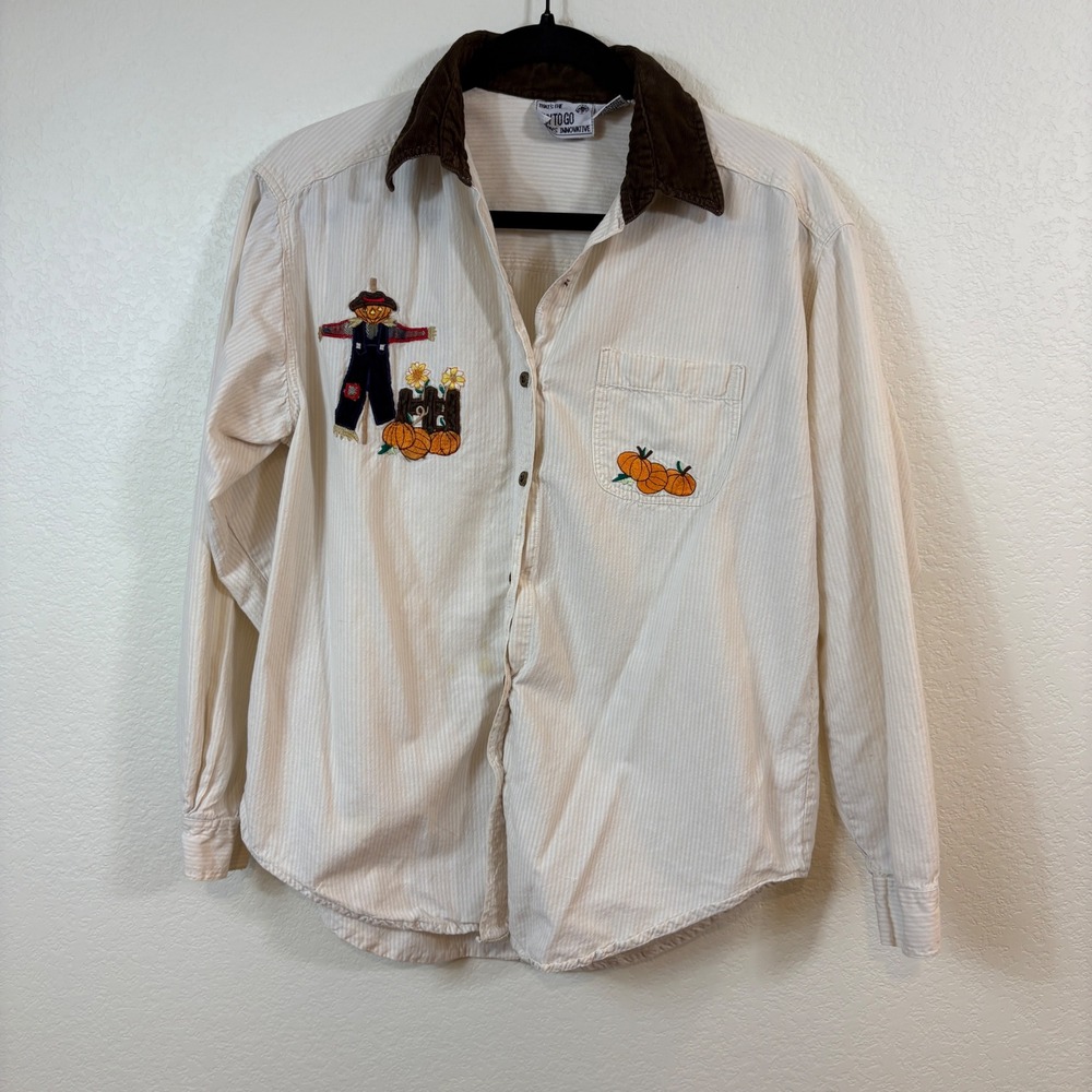 Way To Go Button Up M Cream Vintage Embroidered Scarecrow Pumpkin Fall Shirt